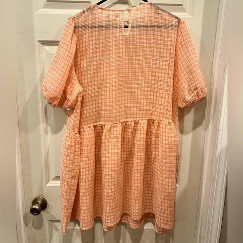 Collective The Label Peach Gingham Sequin Puff Sleeve Babydoll Mini Dress US 12 - Picture 6 of 8